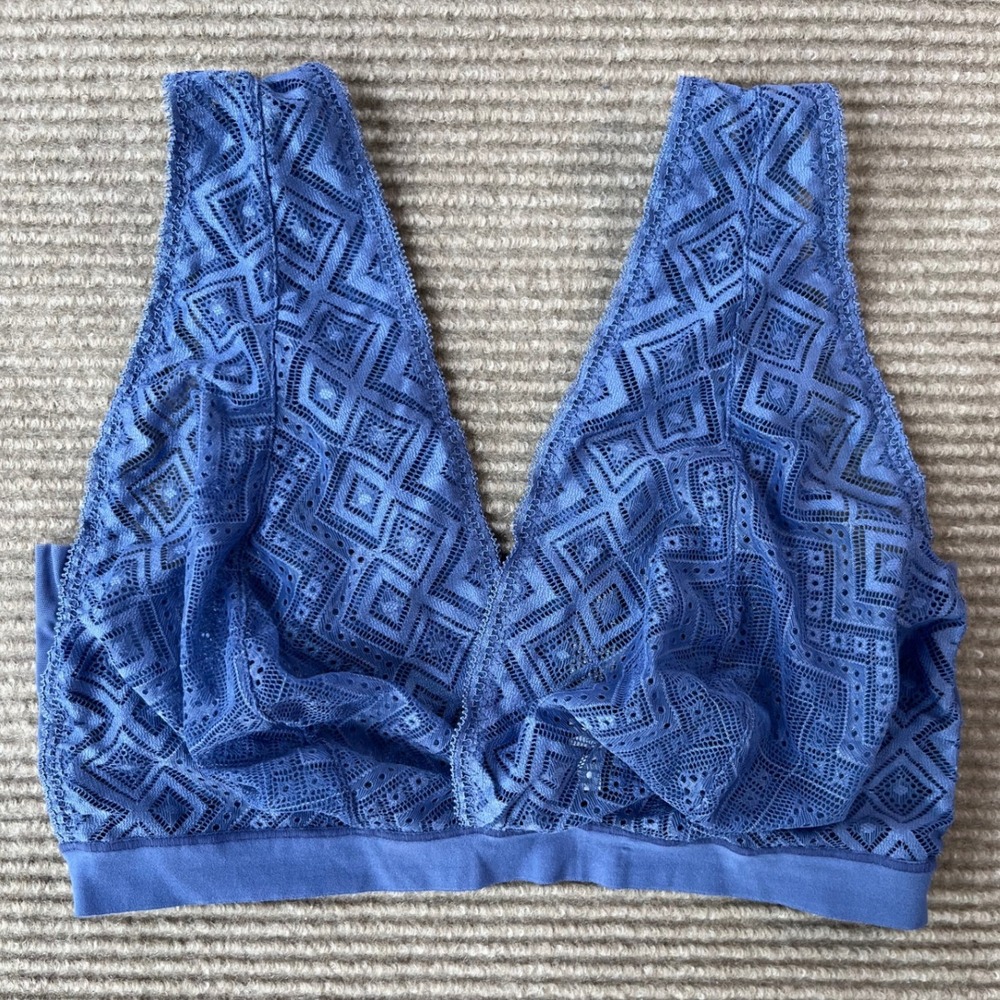 DKNY Womens Sz XL Blue Geometric Lace Wireless V-Neck Bralette Pull On Lingerie